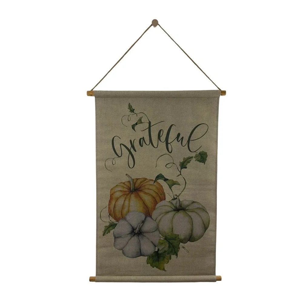 Grateful Pumpkin Harvest Wall Hanging Scroll Rustic Farmhouse Autumn Decor 35x26